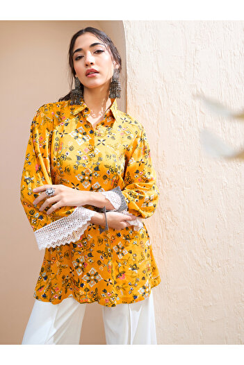 Sassafras By Styli Mustard Floral Buttoned Collar Neck Kurti