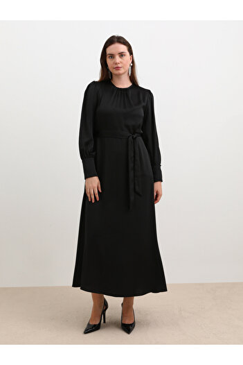 Alia By Styli Plus Black Maxi Dress with Self Tie-Belt
