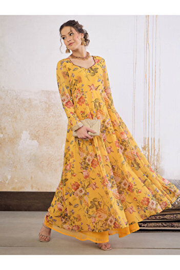 Sassafras By Styli Yellow Floral Print Sweetheart Neck Anarkali Kurta