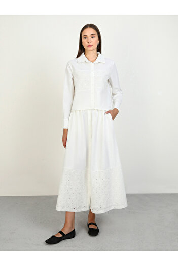 Benin By Styli Off White Buttoned Lace Detail Shirt and Maxi Skirt Co-Ords