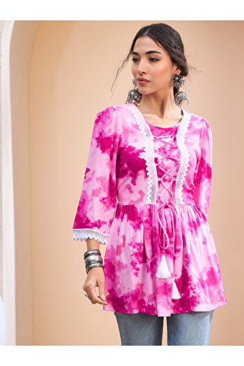Sassafras By Styli Pink Tie-Dye Front Criss Cross Peplum Kurti