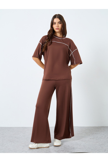 Styli Coffee Brown Oversized T-Shirt and Wide Leg Joggers Co-Ords
