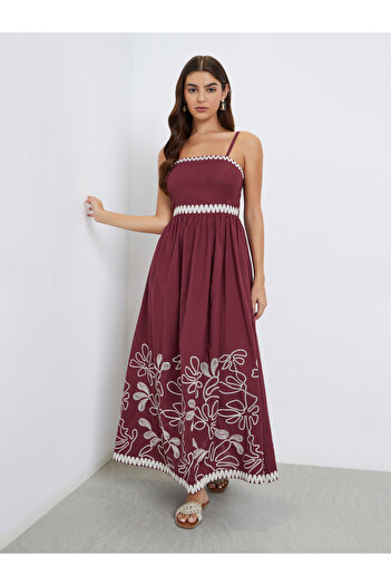 Styli Red Embroidered Strappy Maxi Dress