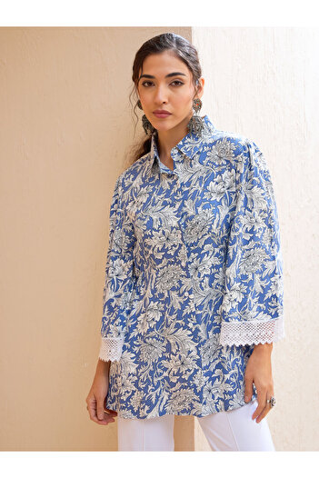Sassafras By Styli Blue Floral Buttonned Collar Neck Kurti