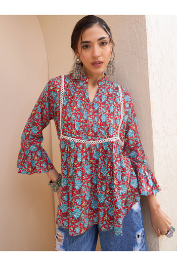 Sassafras By Styli Red Floral Front Pintuck Kurti