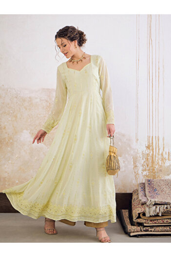 Sassafras By Styli Pastel Yellow Sweetheart Neck Sequence Anarkali Kurta