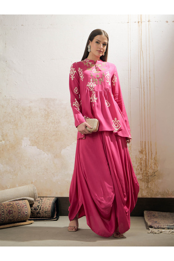 Sassafras By Styli Pink Motif Embroidered Rayon Peplum Top with Solid Dhoti Skirt Set