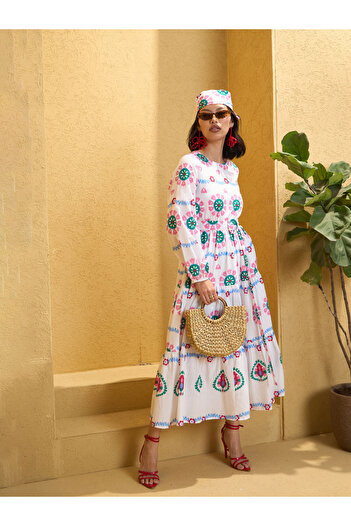 Sassafras By Styli White Floral Round Neck Maxi Dress