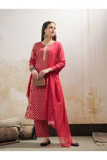Sassafras By Styli Pink Floral Cambric Kurta with Pencil Pants and Dupatta Set