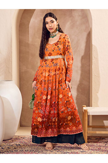 Sassafras By Styli Orange Floral Sweetheart Neck Anarkali Kurta