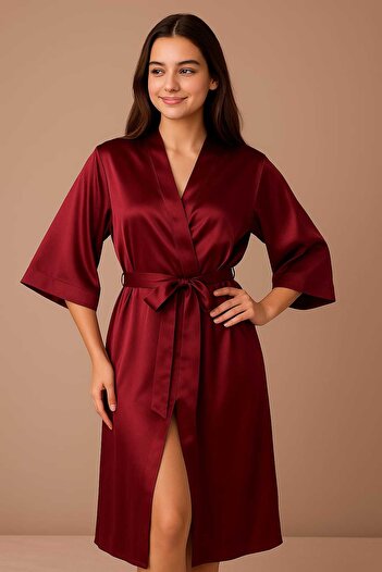 VELİNA GROUP Burgundy Long Satin Sleeves Ending Below the Elbows Dressing Gown Kimono