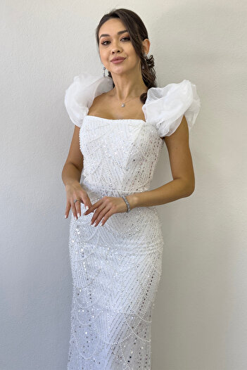 zks grup tekstil Off Shoulder Fish Design Sequin Evening Dress White, Black, Grey, Navy Blue, Lilac