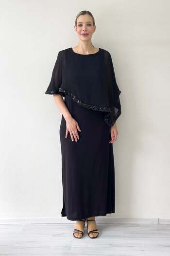 the ZKS Black Plus Size Chiffon Cape Sleeve Detail Evening Dress