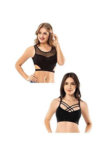 shopwave Kota 6 Pieces Black Tulle Patterned Cross String Bustier