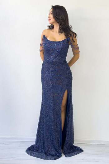 zks grup tekstil Strapless Beaded Slit Evening Dress Khaki, Black, Navy Blue, Gold