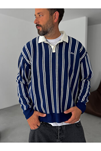 BYBASICMAN Navy Blue Striped Polo Neck Knitwear Sweatshirt Pm-024
