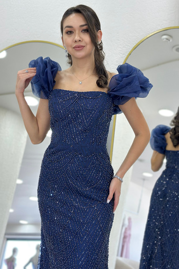 zks grup tekstil Off Shoulder Fish Design Sequin Evening Dress White, Black, Grey, Navy Blue, Lilac