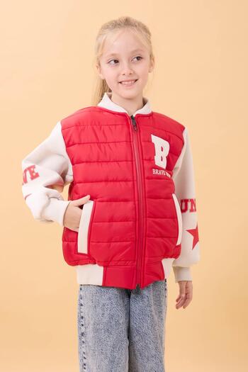 Perendi Girl's Plush Quilted College Jacket – Red