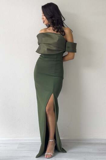 zks grup tekstil Khaki Drape Neckline Low Sleeve Slit Long Evening Dress