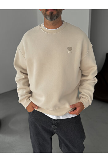 BYBASICMAN Beige Heart Embroidered Basic Oversize Sweatshirt Tw-7080