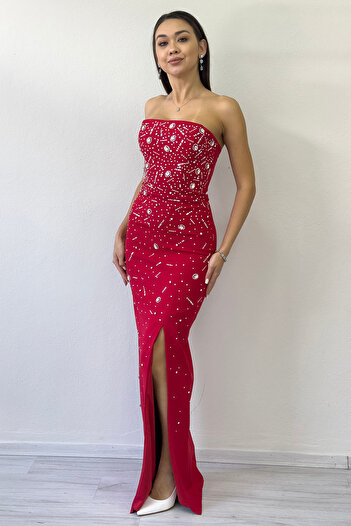 zks grup tekstil Strapless Stone Design Slit Mermaid Evening Dress White, Saks, Powder, Red, Baby Blue, Black, Yellow