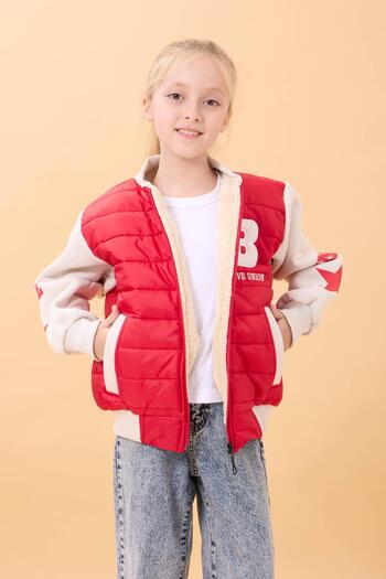Perendi Girl's Plush Quilted College Jacket – Red