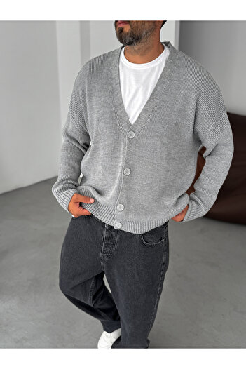 BYBASICMAN Gri Düğmeli Oversize Örme Hırka PM-021