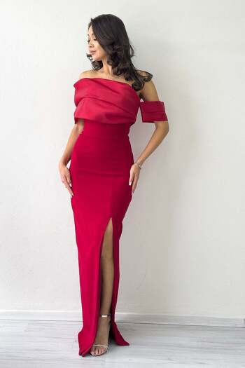 zks grup tekstil Red Drape Neckline Low Arm Slit Long Evening Dress