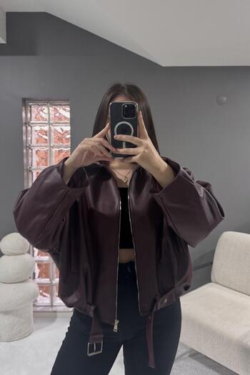Jaglion Trend Oversize Bomber Belted Leather Jacket
