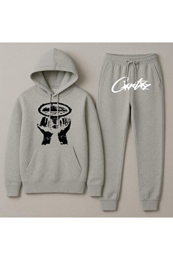 Elvino Hooded Crtz Printed Oversize Women'S/Men's Unisex Winter 3 Thread Gray Tracksuit Set