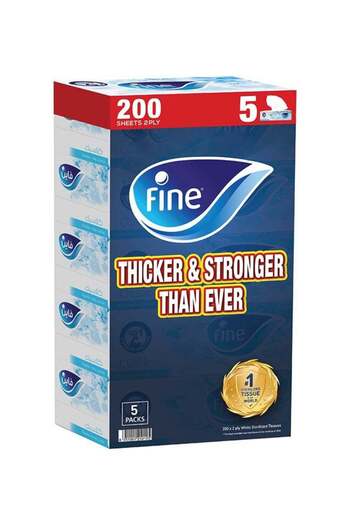 FINE Facial Tissue Boxes, 2 Ply, 5 Piece, 200 Sheets