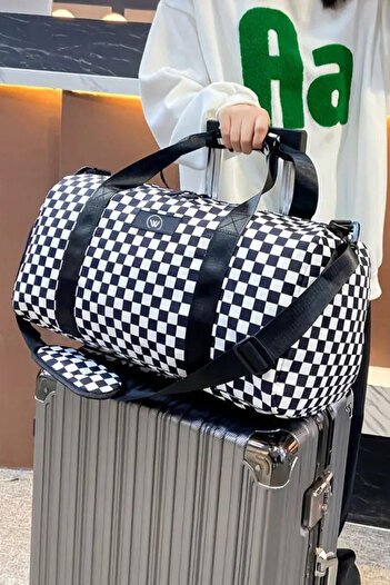 woys 2 Years Warranty Black and White Square Pattern Sports Bag - Gym Fitness Bag