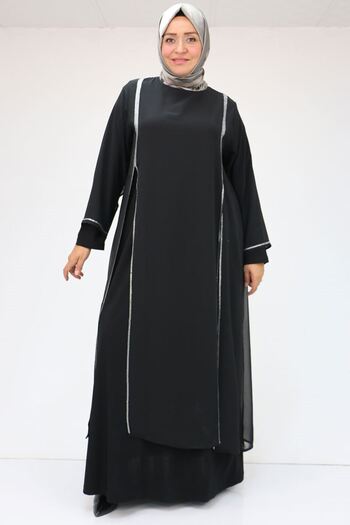 Eslina 42001 Plus Size Sandy Stone Detailed Dress - Black