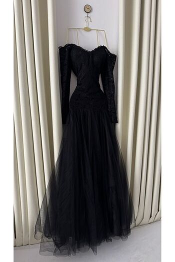 MEZON FASHION Black Lace Dress with Tulle Skirt
