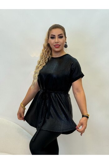 Yeşilmoda Tunic Black Snake Skin Patterned Shiny Lycra Women's Blouse with Stone Belt Trend Tunic Invitation Blouse
