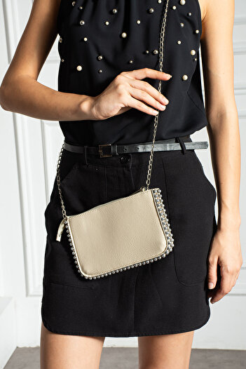 pasyone Beige Bead Detailed Chain Strap Women's Bag