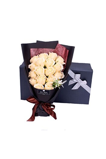 Flower Buchet 18 trandafiri de sapun, ambalat cutie cadou, culoare galben sampanie