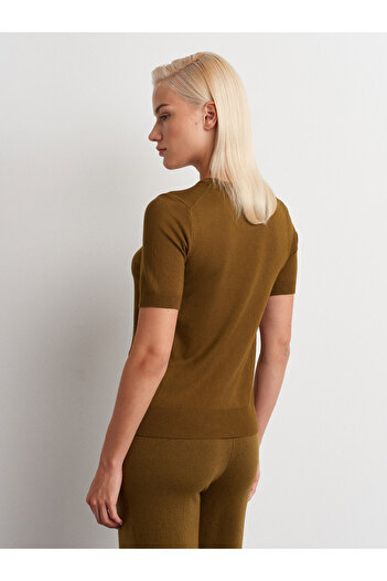 Dilvin 10779 Crew Neck Short Sleeve Basic Knitwear Blouse-Oil Green