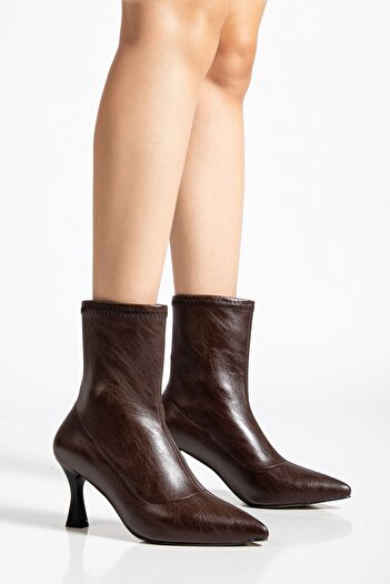 Hayalimdeki Ayakkabı Women's Brown Leather High-Top Mid-Heel Boots
