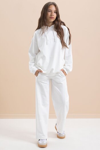 Cansın Mini White Text Printed Hooded Wide Leg Girls' Tracksuit Set 21433