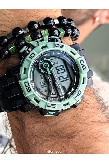 Jaga Digital Sports Men's Wristwatch, Green Black Sililkon Cord Suitable for Pool Sea Use, with Stopwatch