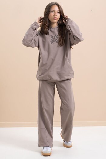Cansın Mini Coffee Text Printed Hooded Wide Leg Girls' Tracksuit Set 21430