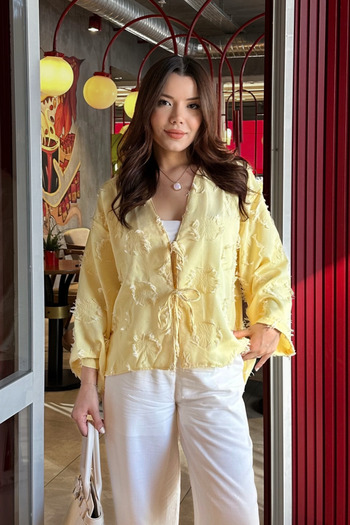 Bipantolon Women's Butter Yellow Lace-Up Tassel Detailed Shirt