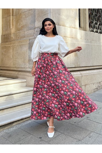 KÜÇÜĞÜM BUTİK Dark Cherry Patterned Flared Balloon Skirt