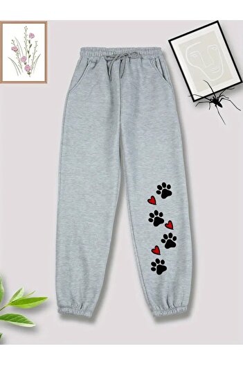 WOODROFFE Unisex Cute Paw Heart Printed Red Gray Black Sweatpants Jogger