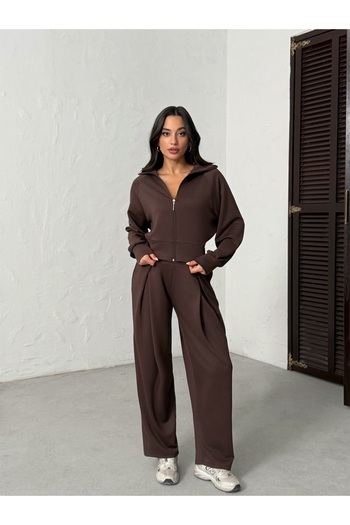 BEJNA Women's Brown Soft Modal Textured Stand Collar Jacket Pleated Wide Leg Pants Bottom Top Sports Set