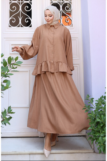 sefamerve Ruffled Tunic Skirt Two-Piece Set 0146-06 Milky Coffee