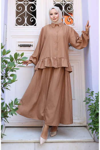 sefamerve Ruffled Tunic Skirt Two-Piece Set 0146-06 Milky Coffee