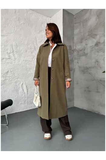 Elif Özbey Butik Khaki Plaid Detailed Trench Coat