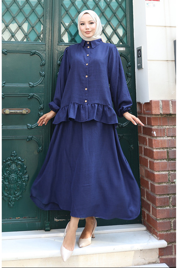 sefamerve Ruffled Tunic Skirt Two-Piece Set 0146-05 Navy Blue